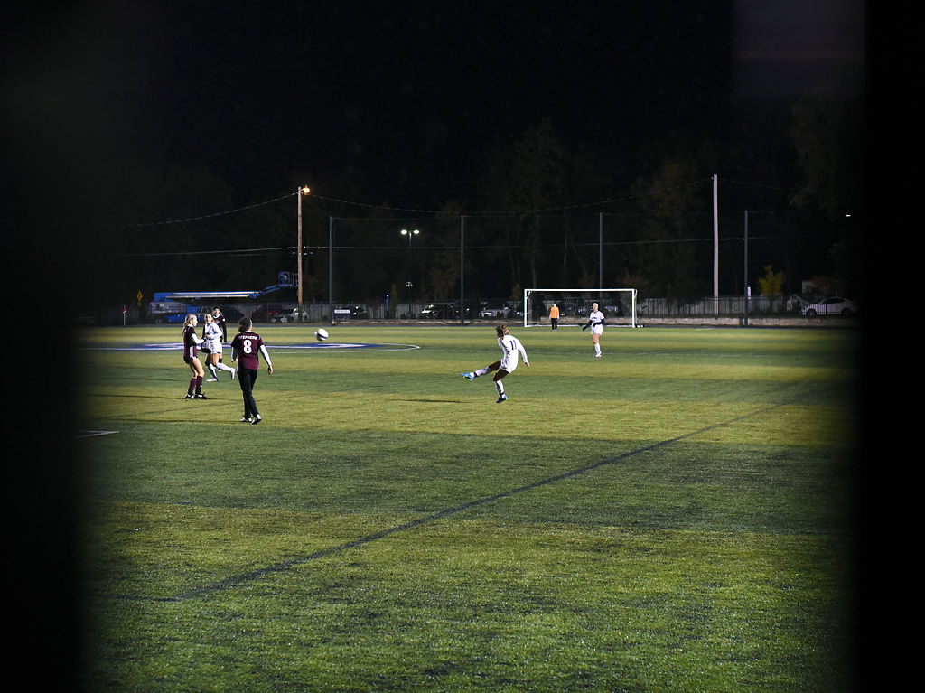 Natalie Zoellner kicks the ball into the field of Stephens and Columbia College players on Tuesday